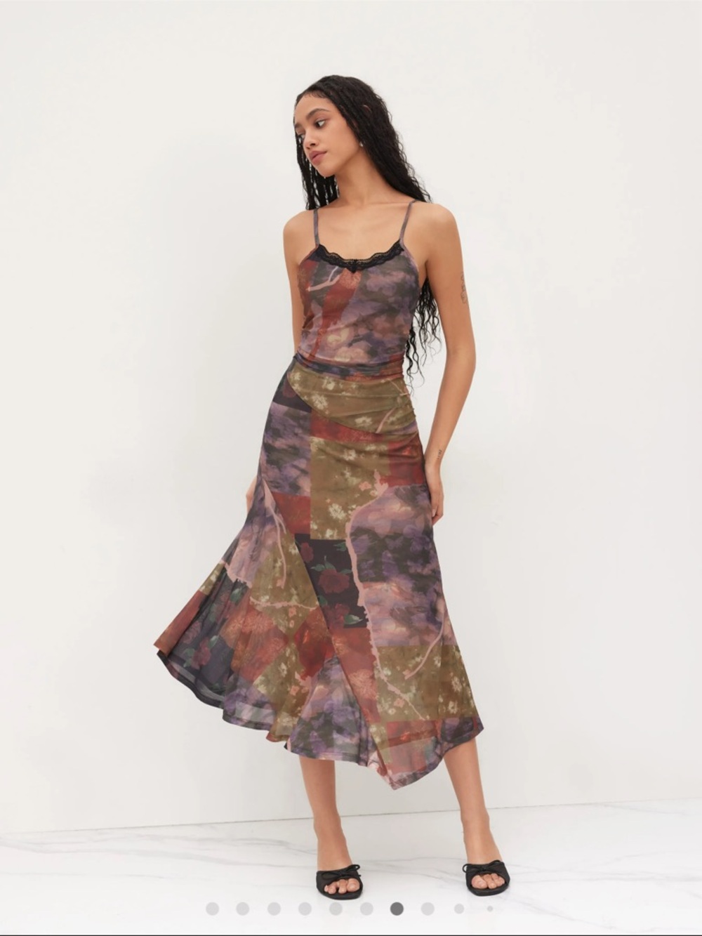 Cider Multicolor Patchwork Midi Dress in Olive, Rust & Purple